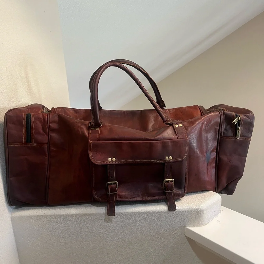 Men's‎ Genuine Dark Leather Large Vintage Duffel Travel Weekend Overnight Bag